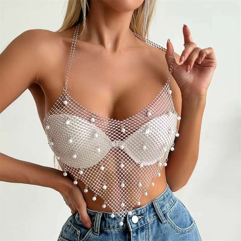 Women Sexy Sheer Mesh Metal Chain Pearl See Through Backless Night Club Halter Tops Beading Crop Top