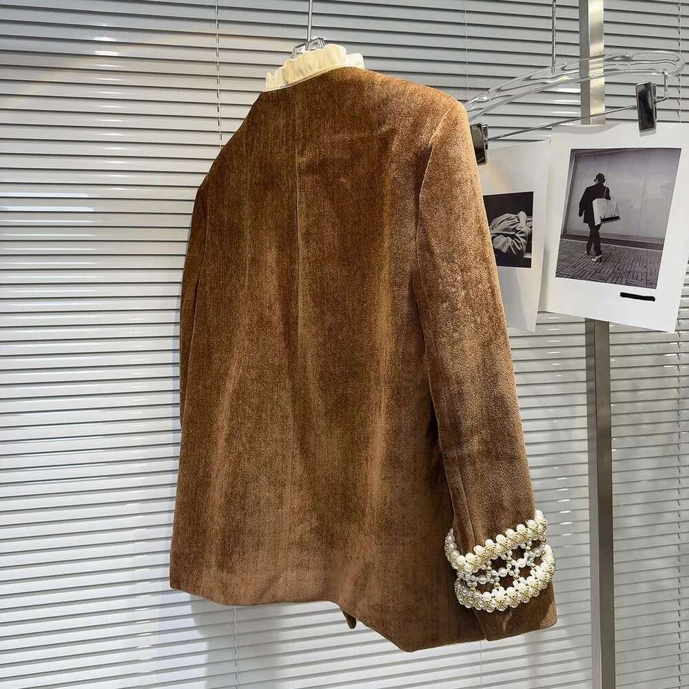 Retro Beading Jacket Women Double Breasted Ruffle Collar Long Sleeve Coats Vintage 2024 Autumn Winter Female Trend