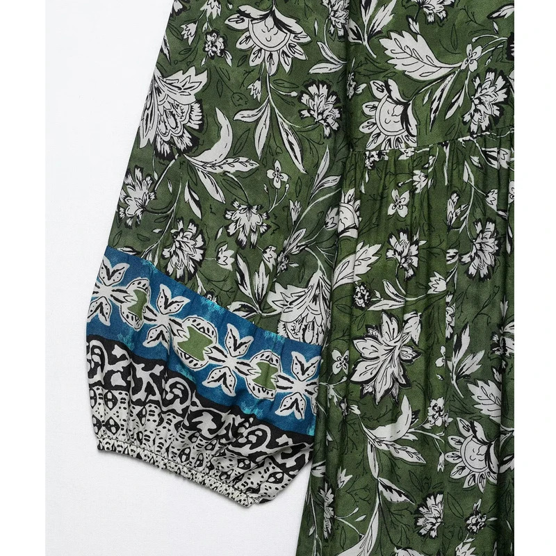 TRAF Print Ruffle Midi Dress Woman Pleated Long Dresses for Women Beach Summer Puff Sleeve Boho Womens 250514