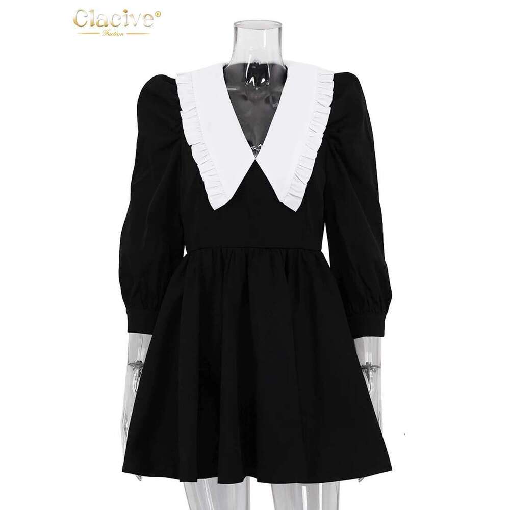 Clacive Fashion Black Patchwork Office Women Casual Lapel Long Sleeve Mini Dresses Elegant High Waist Pleated Female Dress