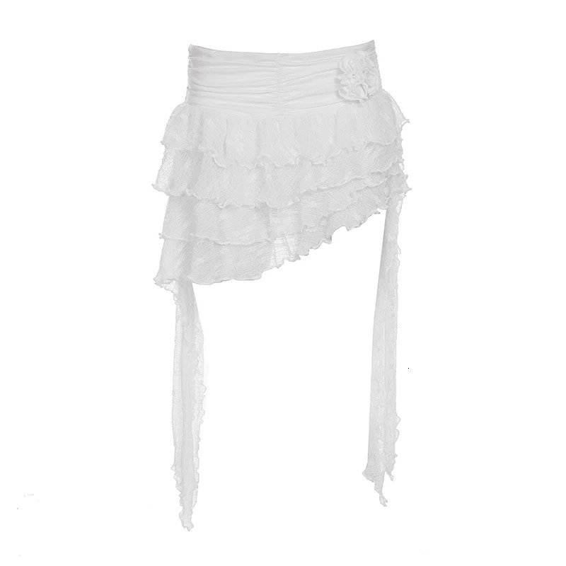 Flower Womens Ruffle Irregular Lace Skirt Elegant High Waist Tiered Layer Ribbon Mini Summer Bottoms Y2k Downtown Girl 250514