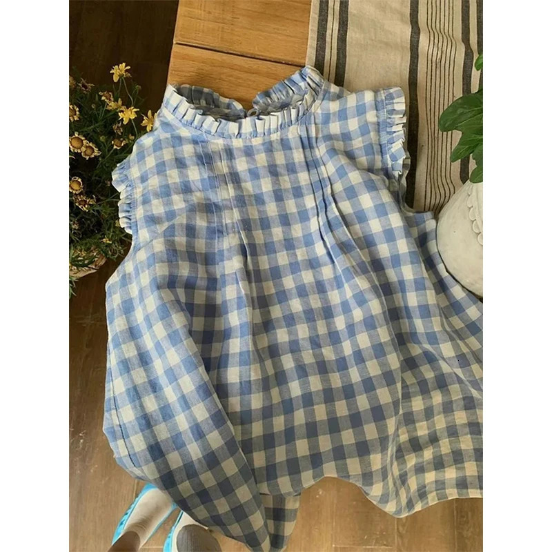 MEXZT Kawaii Plaid Shirts Women Japanese Preppy Cute Ruffles Patchwork Blouses Summer Korean Fashion Flying Sleeve Casual Tops 250514