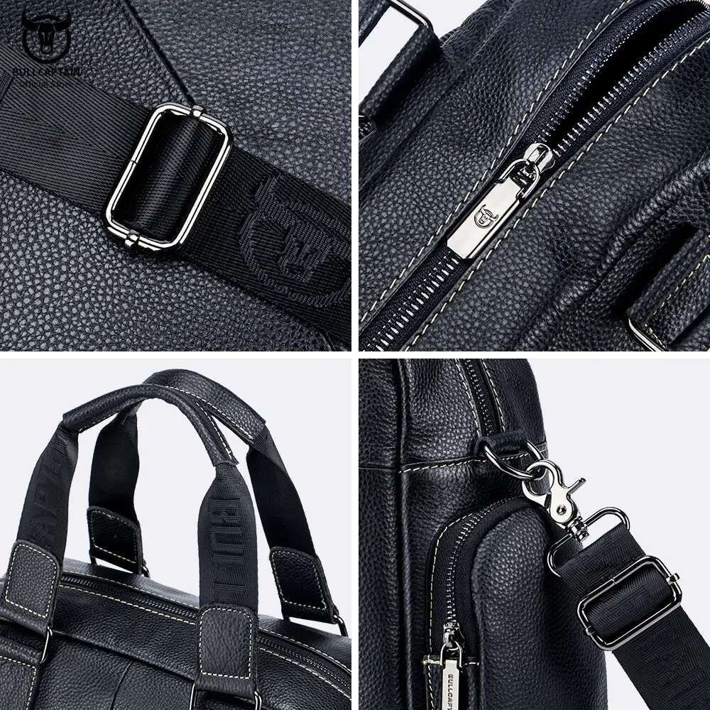 BULLCAPTAIN Men's Leather Briefcase Can Be Used For 14-Inch Laptop Business Shoulder Messenger Handbag Leisure Travel Bags