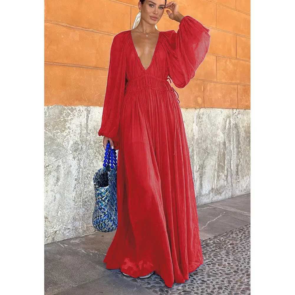 Summer Long Dress New Chiffon Dress Loose Vacation Womens Long Sleeved Dresses Boho Style FashionXJ250514