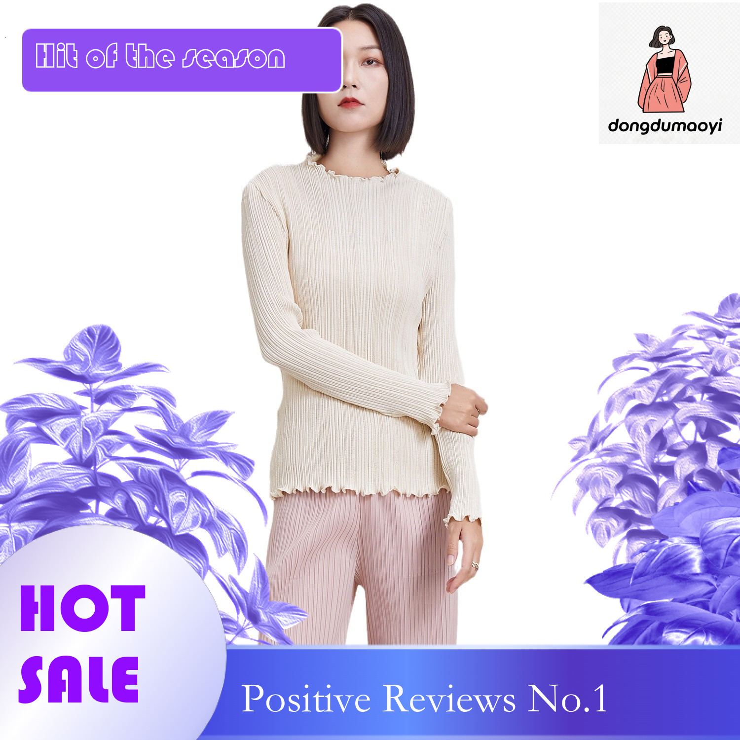 dongdumaoyi Miyake semi high neck long sleeved T-shirt for women in winter 2024, new women's pleated lace collar base shirt, top trend