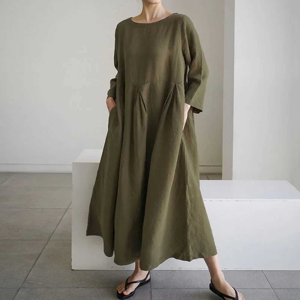 2022 Casual Artistic Cotton Linen Womens Dress Autumn Japanese Style New Olive Green Long Sleeve Elegant Long DressXJ250514