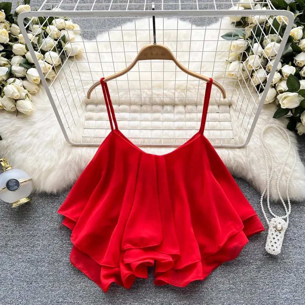 Summer Spaghetti Straps Ruffle Sleeveless Tanks and Camis Korean Corset Crop Tops Solid Tank Camisole Clothes Y2k 250506