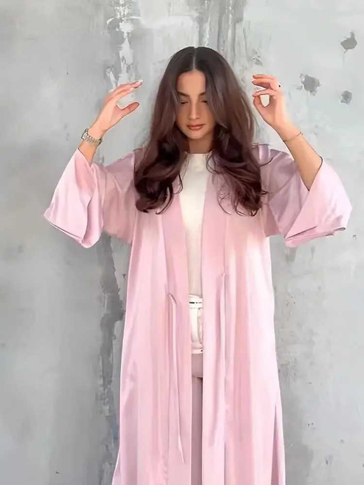Ramadan Eid Modest Plain Satin Open Kimono Abaya Damen Dubai Ka Muslim Women Clothing Kaftan Islam Robe Femme Musulmane X250514