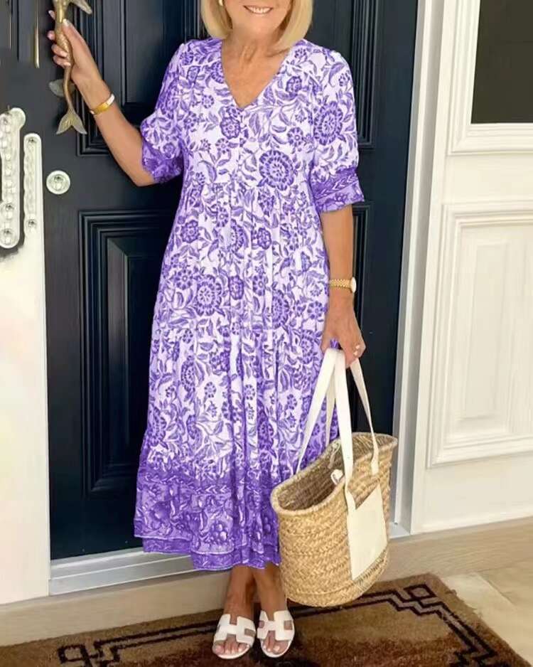 Women Clothes Dress New Large Super Fairy V Neck Fragmented Flower Dress For Beach Vacation Loose And Versatile Long Skirt KQ