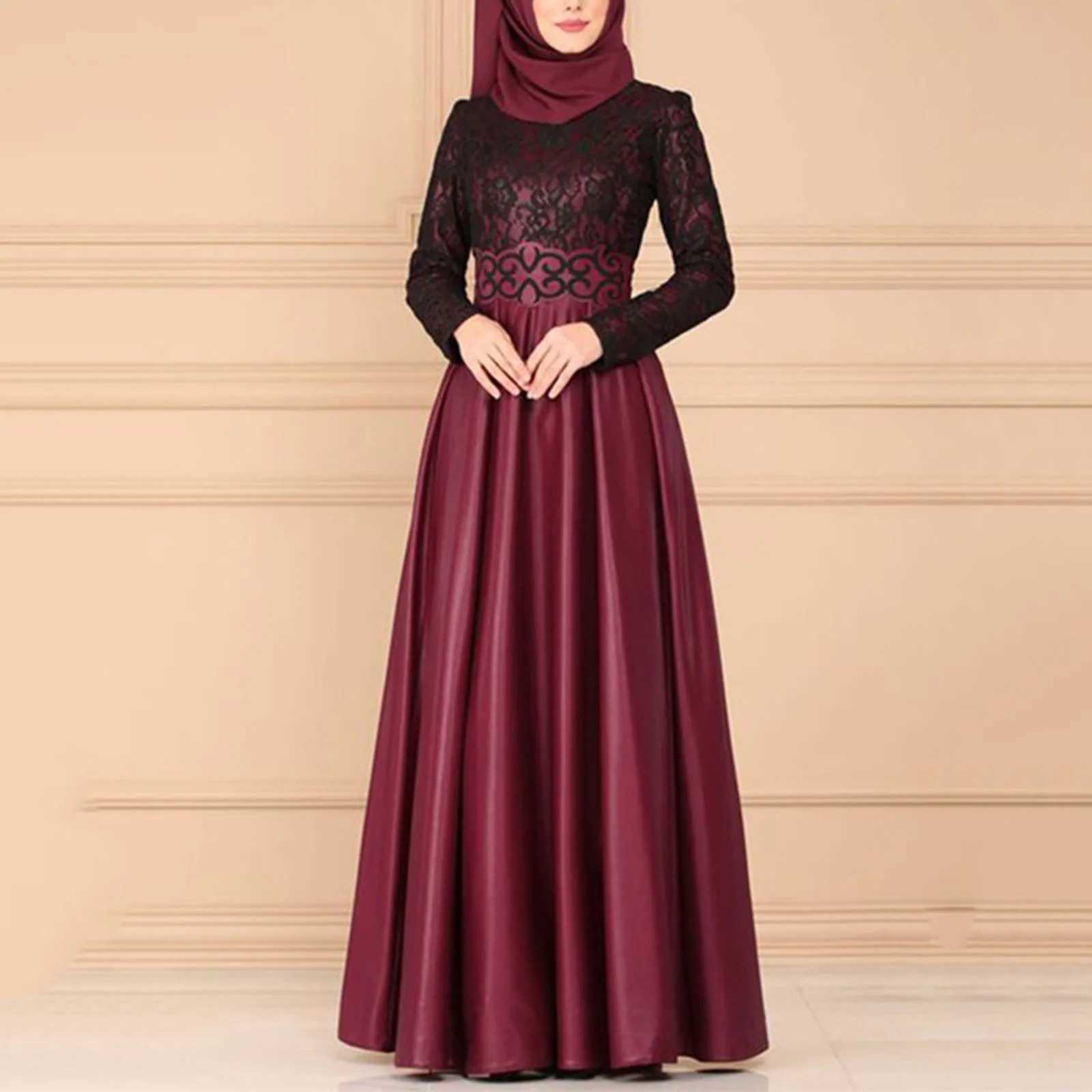 Middle East Women Luxury Muslim Dress Lace Patchwork Round Neck Large Swing Robe Womens Islamic Clothing Kaftan Prayer Abaya X250514