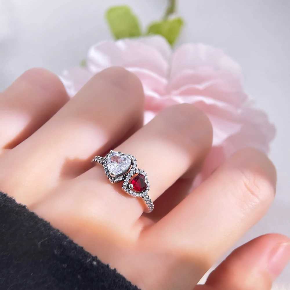 Original 925 Sterling Silver Red Zircon Blue Crystal Heart Bow Rings Women Jewelry Girlfriend Wedding Engagement Ring Set GiftXJ250514
