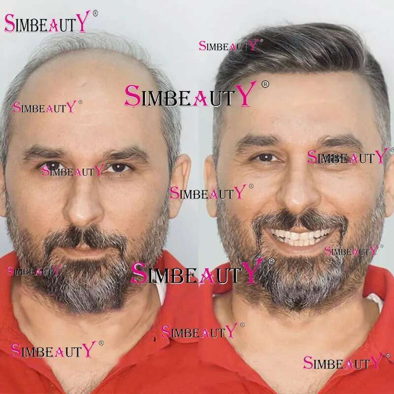 100% Human Poly Skin Scalloped Natural Hairline Brown Men's Toupee for Fashion Gray 1B40 Hair Prosthesis Replacement System