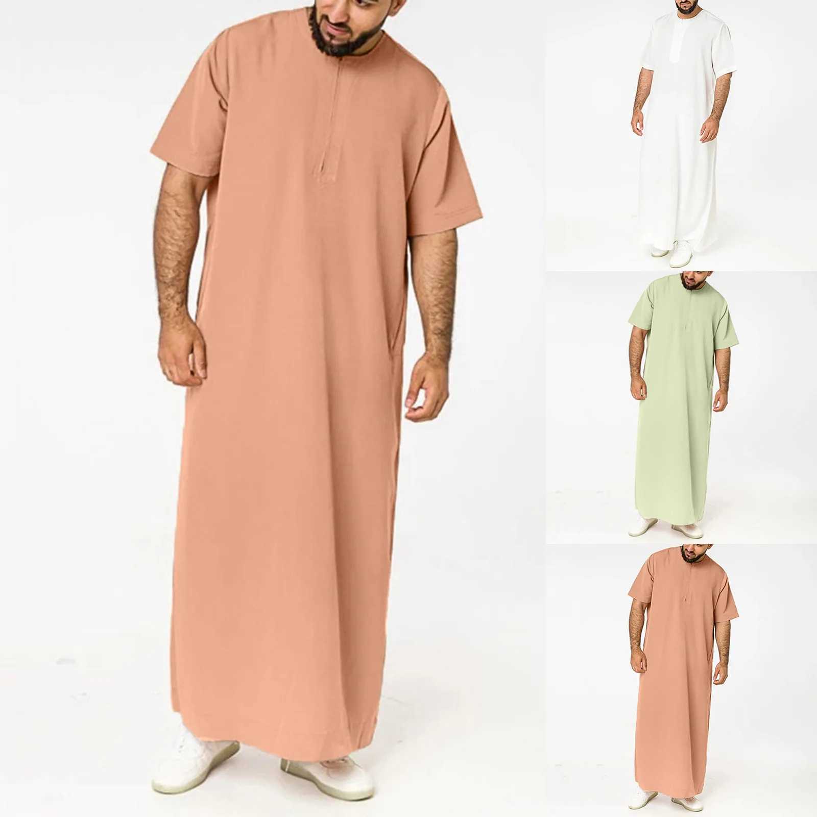 Mens Solid Color Robes Saudi Zipper Man Vintage Short Sleeve O Neck Eid Muslim Arabic Islamic Clothing Jalabiya Caftan Kaftan X250514