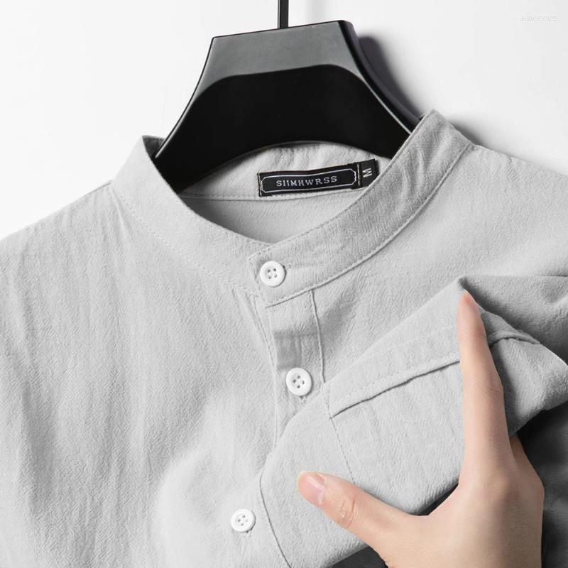 Mens T Shirts Summer Stand Up Collar Solid Color Short Sleeve Linen Shirt Trendy Breathable Loose Lightweight Basic Pocket Top