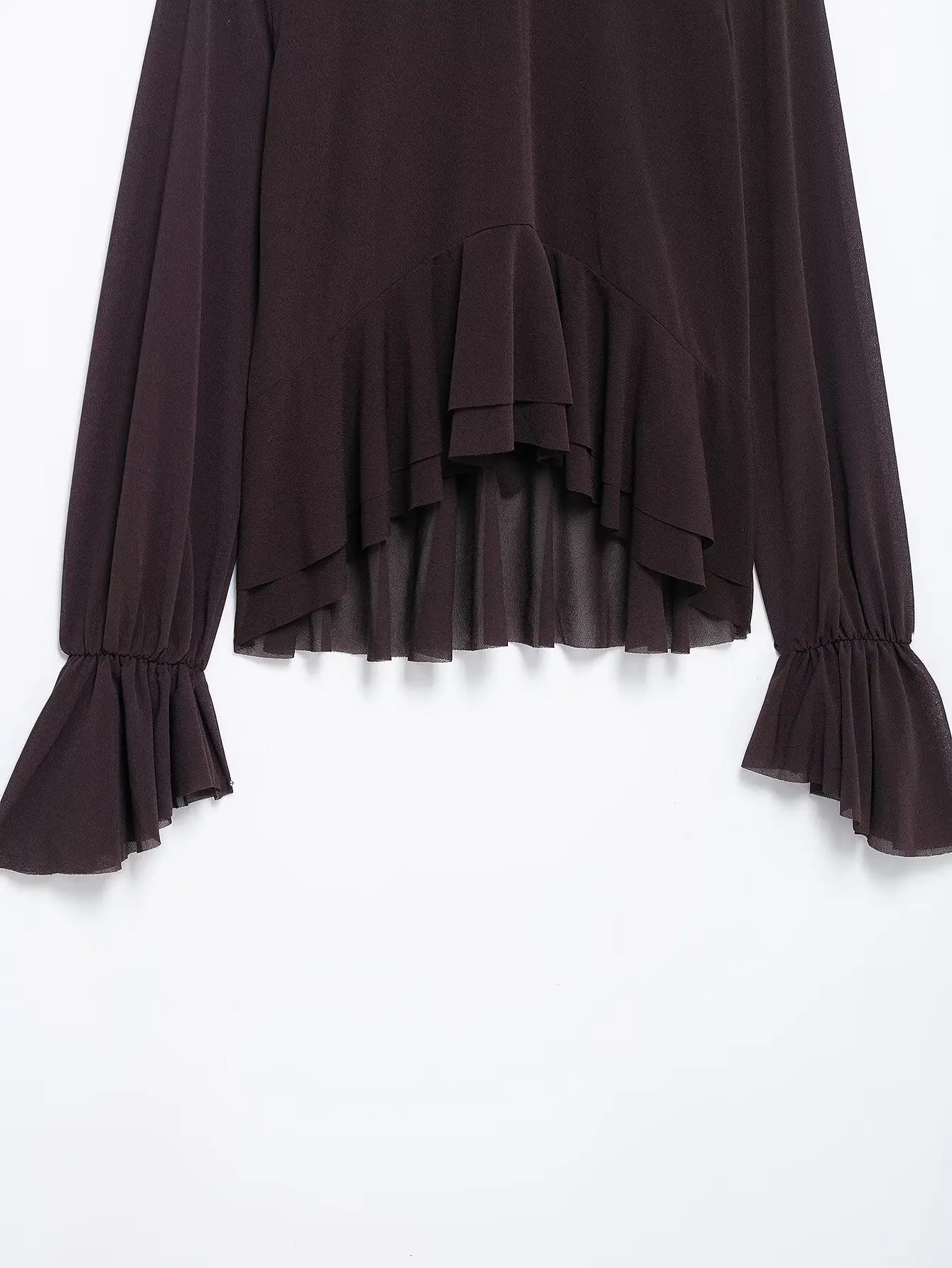 Zevity Women Fashion Brown Back Bow Lace Up Hem Ruffled Pleated Pullover Blouse Vintage Female Chic Lady Shirts Tops LS2602 250514