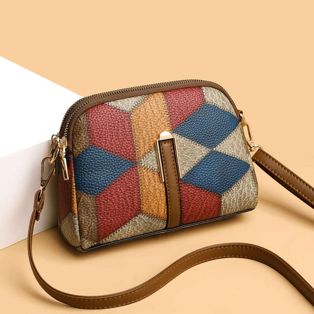 2025 Color blocked Splicing Versatile National Style Double Zipper Single Shoulder Crossover Change Phone Bag New Casual Fashion Trend