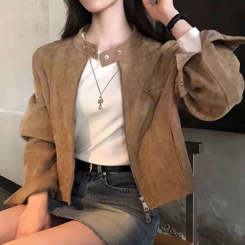 Korea Chic Autumn Retro Temperament Tops Stand Collar Zipper Pocket Loose Coats All-match Short Motorcycle Jacket Women