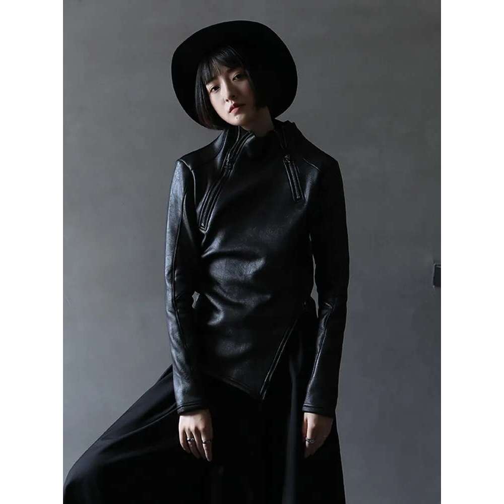 Dark Style Irregular Stand Collar Diagonal Zipper Faux Leather Sweatshirt Female Cool Black Gothic Jacket Fleece Lining Pullover Designer