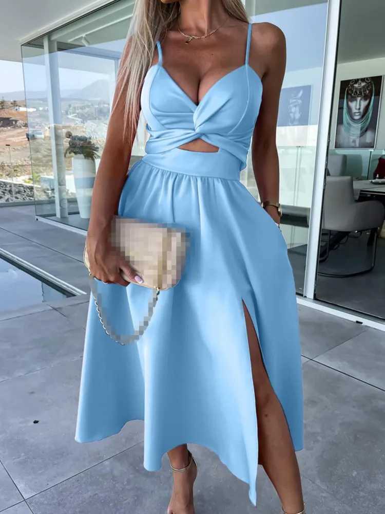 Summer Fashion Women Corset Party Elegant Strap V Neck Hollow Large Swing Split Banquet Dress Casual Sleeveless Sling DressXJ250514