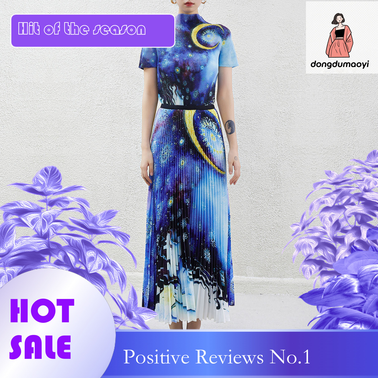dongdumaoyi Fashion suit women's summer new style Miyake printed short sleeved T-shirt slimming pleated skirt two-piece set