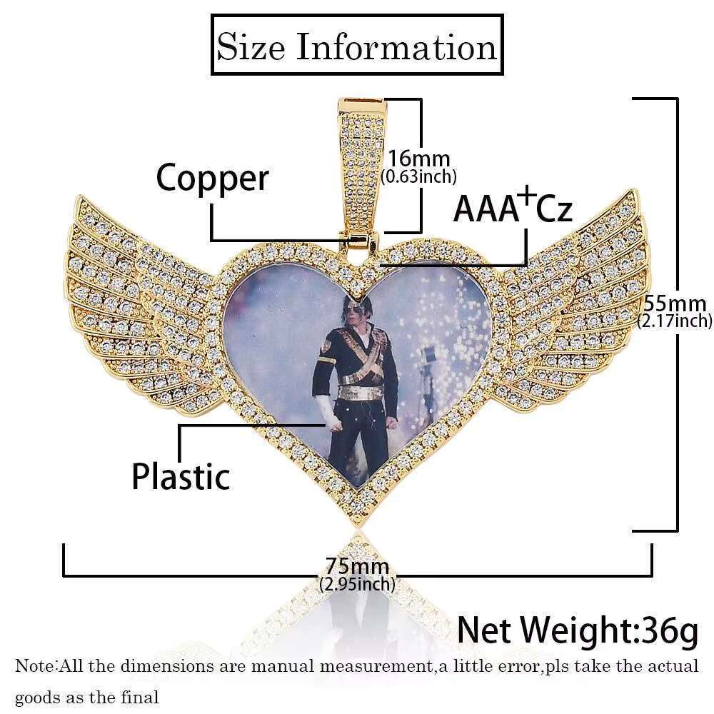 Hip hop Heart Photo Pendant Men's Personalized Memory Picture Necklace with Wings