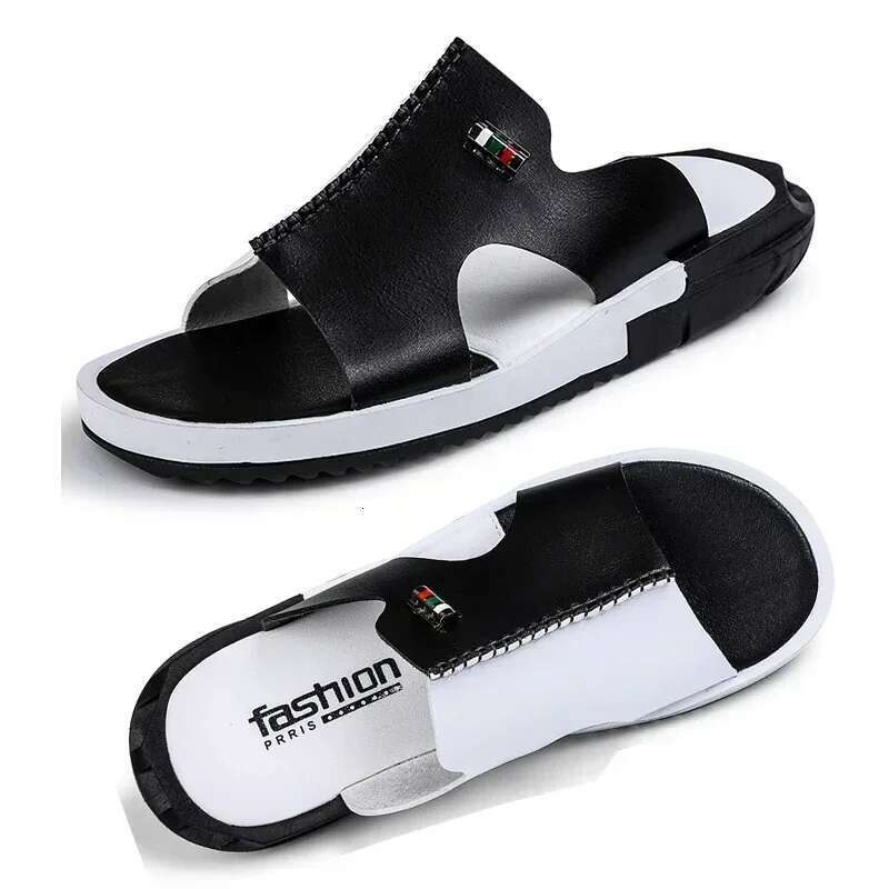 Men's Summer New Non-slip Wear-resistant Beach Shoes Leather Casual Sandals Slippers Slides Men