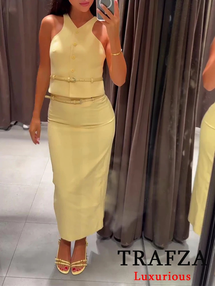 TRAFZA Vintage Chic Solid Women Sashes Suit Single Breasted Sleeveless Top Straight Long Skirt Fashion Autumn 250514