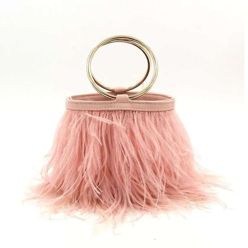 Real Ostrich Feathers bucket bag Handbag Evening Bags Women's Pink Green Dia Clutch Party Messenger Bag For Ladies