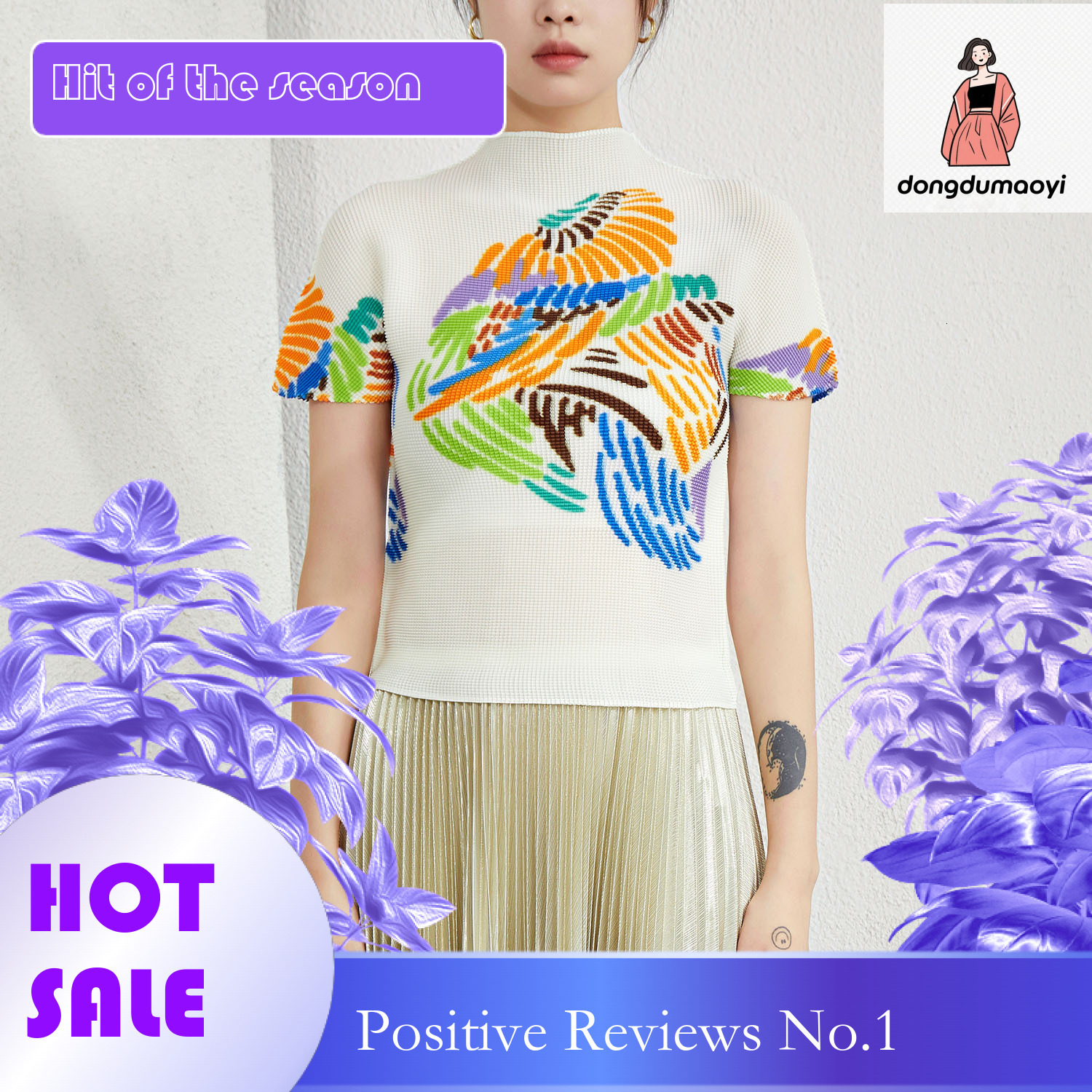 dongdumaoyi Fold up shirt summer women, thin short sleeved top, slim fit and slimming, elastic printed casual T-shirt for women