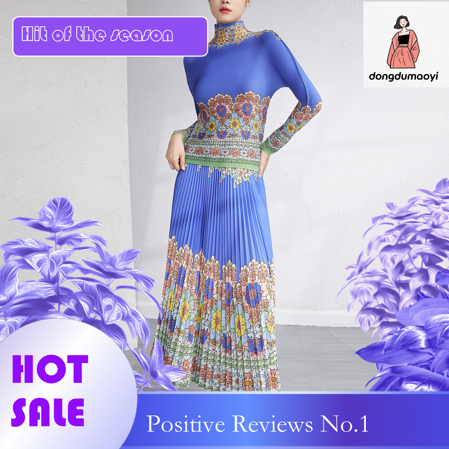 dongdumaoyi Miyake niche suit, women's spring and autumn new style, French design, sleeved T-shirt, pleated half body long skirt