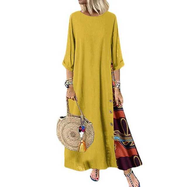 Cotton Linen Vintage Long Dresses Women Three Quarter Sleeves Splicing Print Loose A-line Dress Fashion Casual Lady Maxi DressXJ250514