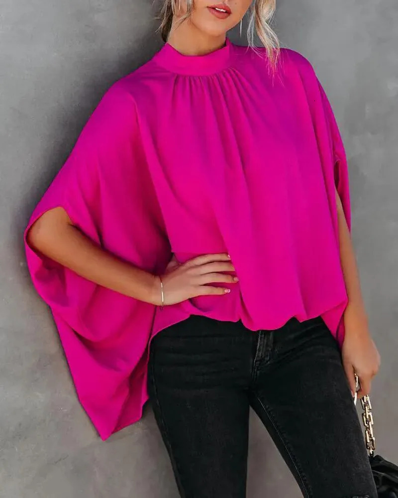 Womens Cape Sleeve Oversize Blouse Tie Closure High Neckline Caftan Body Loose Tops 250514