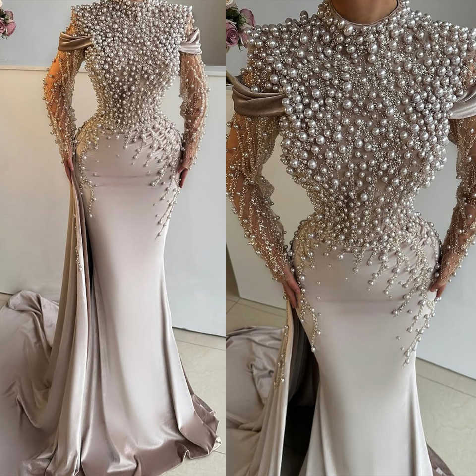 Luxurious Pearls Prom Dresses Mermaid High Neck Celebrity Evening Dresses Sequined Party Gown Vestidos De Noche Customized