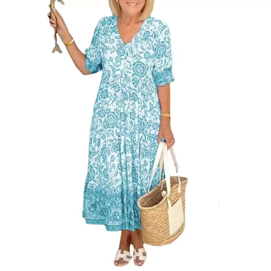 Women Clothes Dress New Large Super Fairy V Neck Fragmented Flower Dress For Beach Vacation Loose And Versatile Long Skirt KQ