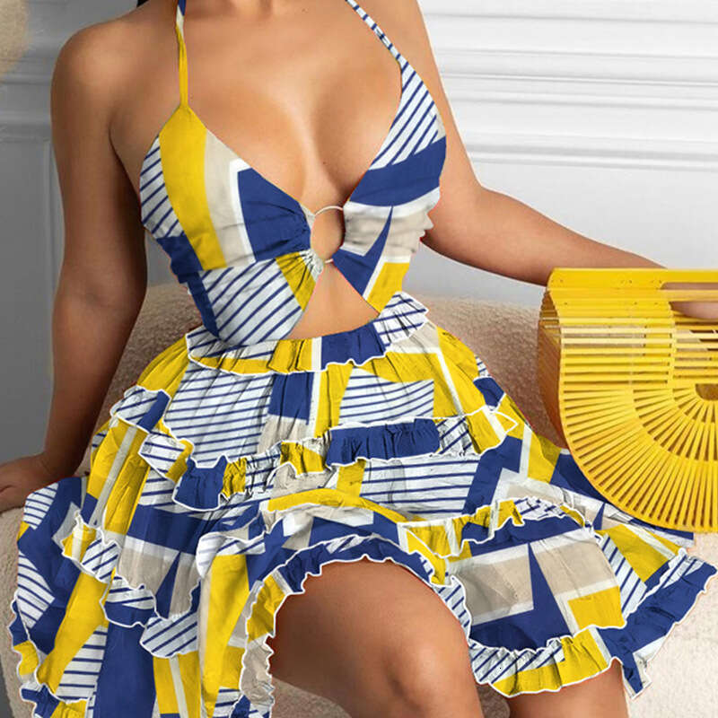 Skirt Birthday Dress Festival Womens 2025 Hollow Strap V-neck Temperament Hanging Neck Printed Suspender Dress