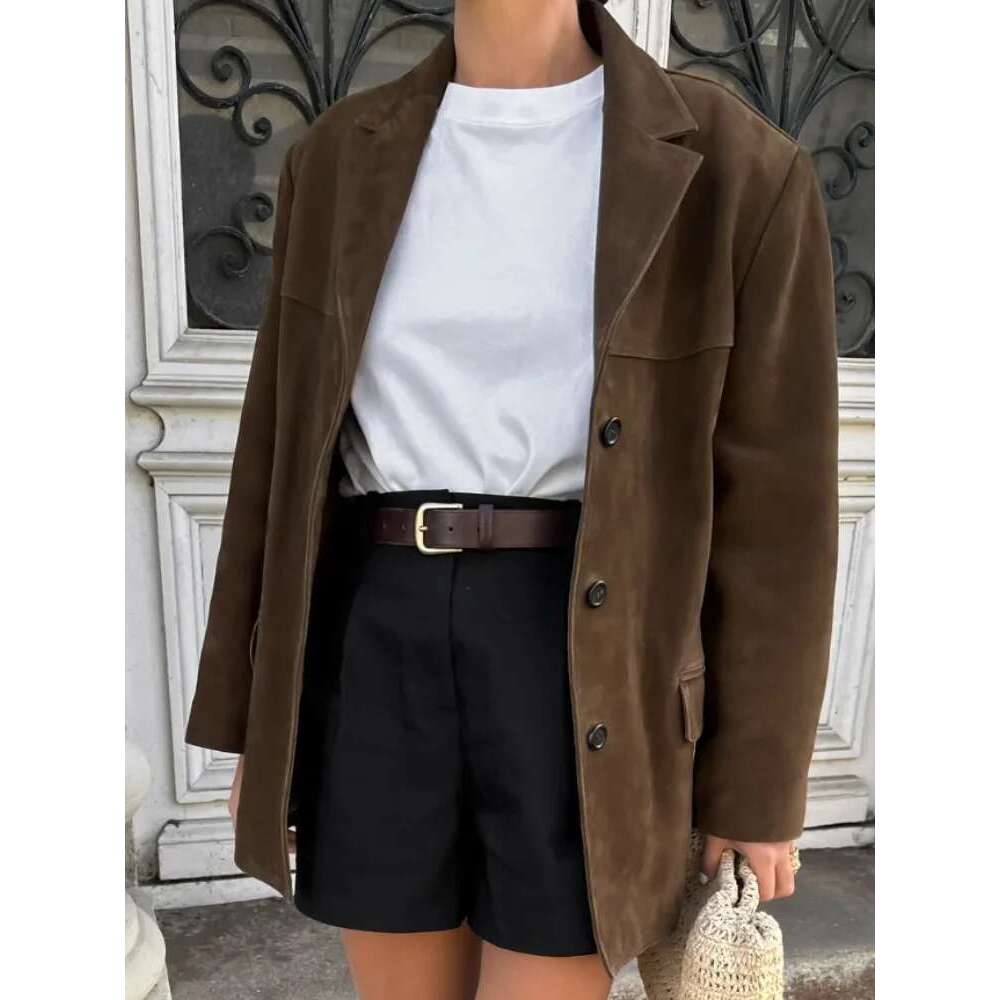 ZBZA Women Brown Retro Loose Blazer Jacket Lapel Single-breasted Long-sleeved Solid Short Outerwear Fall Winter Female Chic Coat