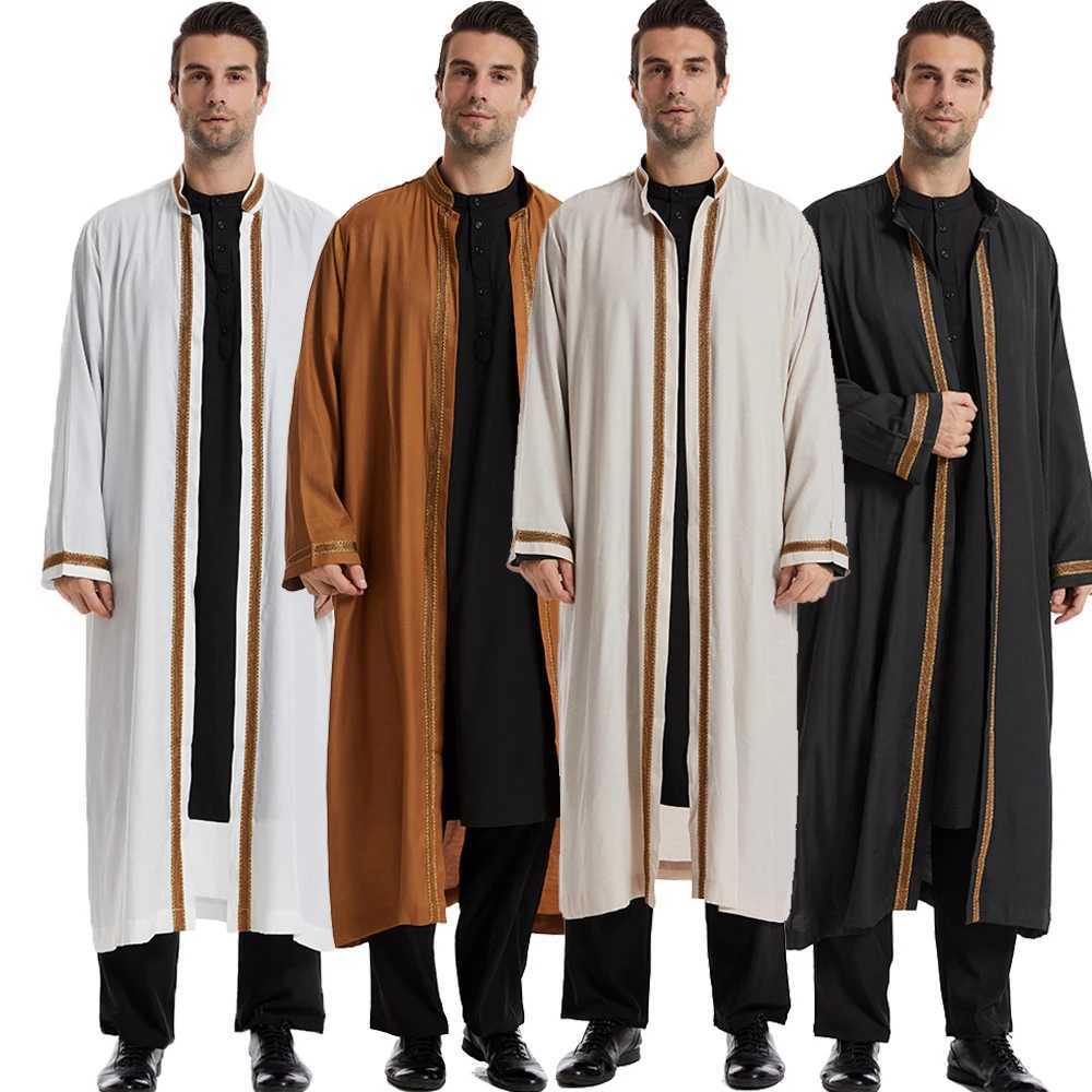 Men Open Abaya Muslim Saudi Jubba Thobe Islamic Clothing Ramadan Kimono Long Sleeve Robe Caftan Dubai Stand Collar Arabic Dress X250514