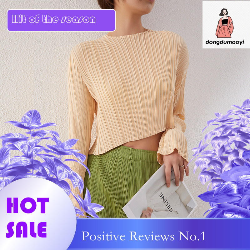 dongdumaoyi Miyake niche chic design long sleeved short top with pleats autumn style women's age reducing and stylish small shirt