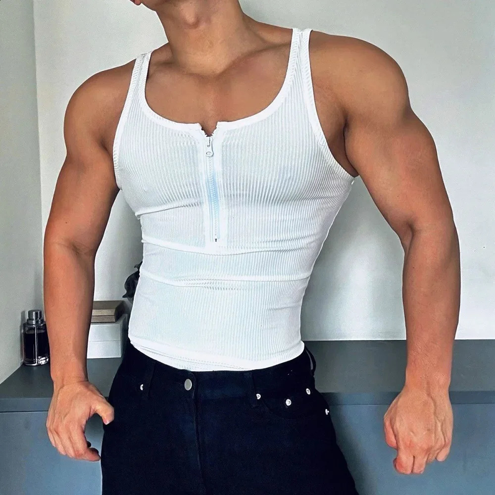 Mens Vest Gym Sports Sexy Half Zip Tank Tops Summer Casual Jogging Streetwear Training Tight Sleeveless Tops Menswear 250513