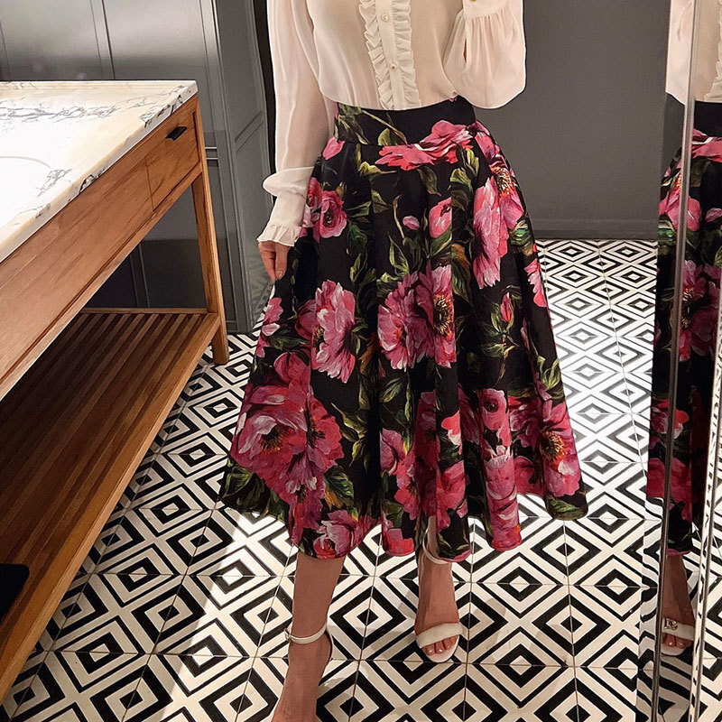 Women's Cotton Jacquard Floral Print Midi Skirt Summer New Arrival Elegant High-Waist Pleated Silk Lining Calf-Length Clothes Runway Fashion Clas