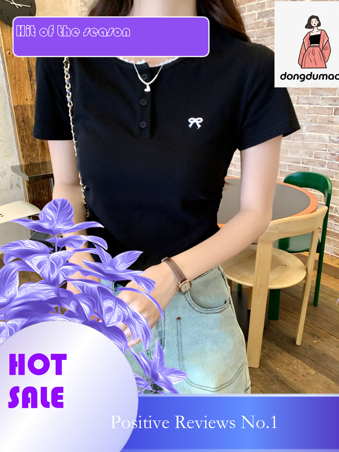 dongdumaoyi Grey lace shoulder sleeved T-shirt for women's summer 2025 new style pleated waistband bow short top