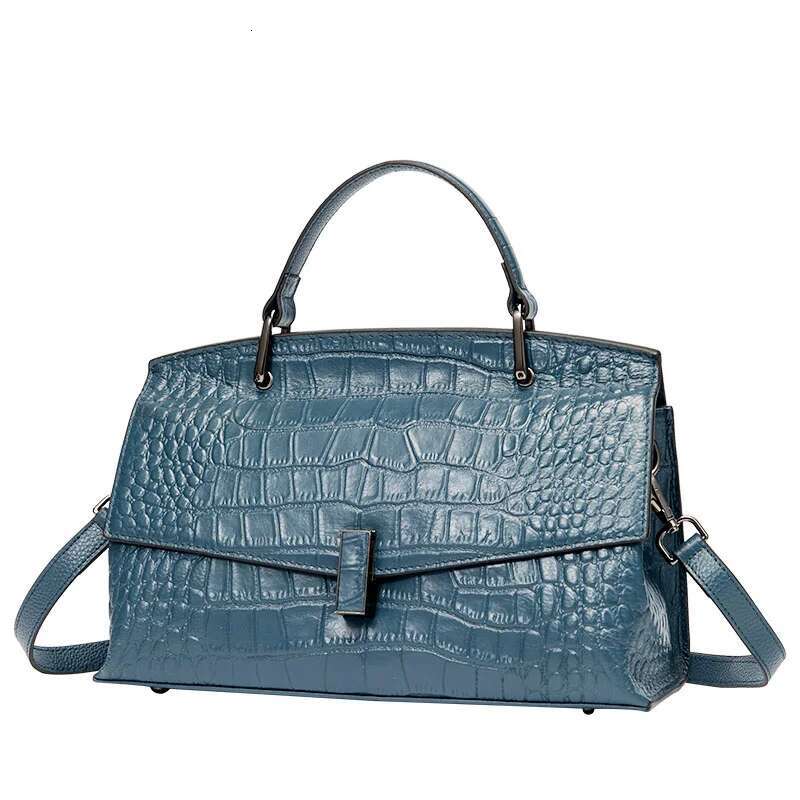 Aidrani New Women's Crocodile Print Handbag, Blue One Shoulder Crossbody Briefcase, Made Of High-Quality Cowhide