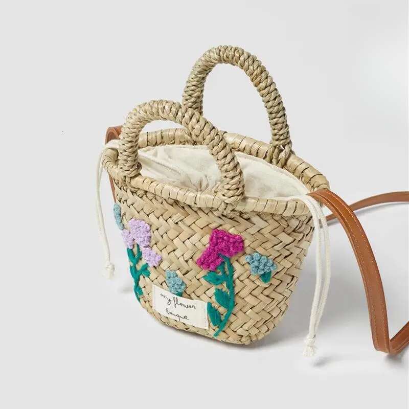 Floral Embroidered Straw For Girls Cute Mini Top-Handle Handbags Summer Fashion Beach Shoulder Bag Bohemian Messenger Purse