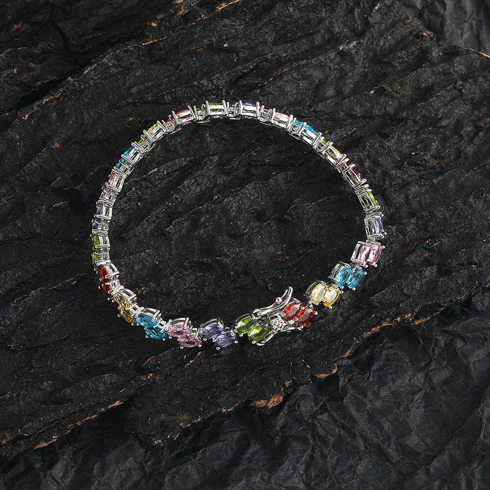 Hip Hop Jewelry Colorful Oval Bracelet Egg Double Rowed Copper Set Zircon Tennis Chain for Women's Folding Wear