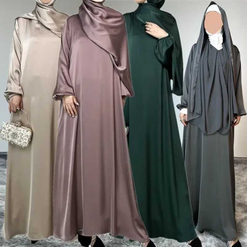 Turkey Modest Abaya Ramadan Muslim Women Satin Long Dress with Hijab Arab Robe Eid Islamic Plain Clothes Dubai Femme Kaftan Maxi X2505141