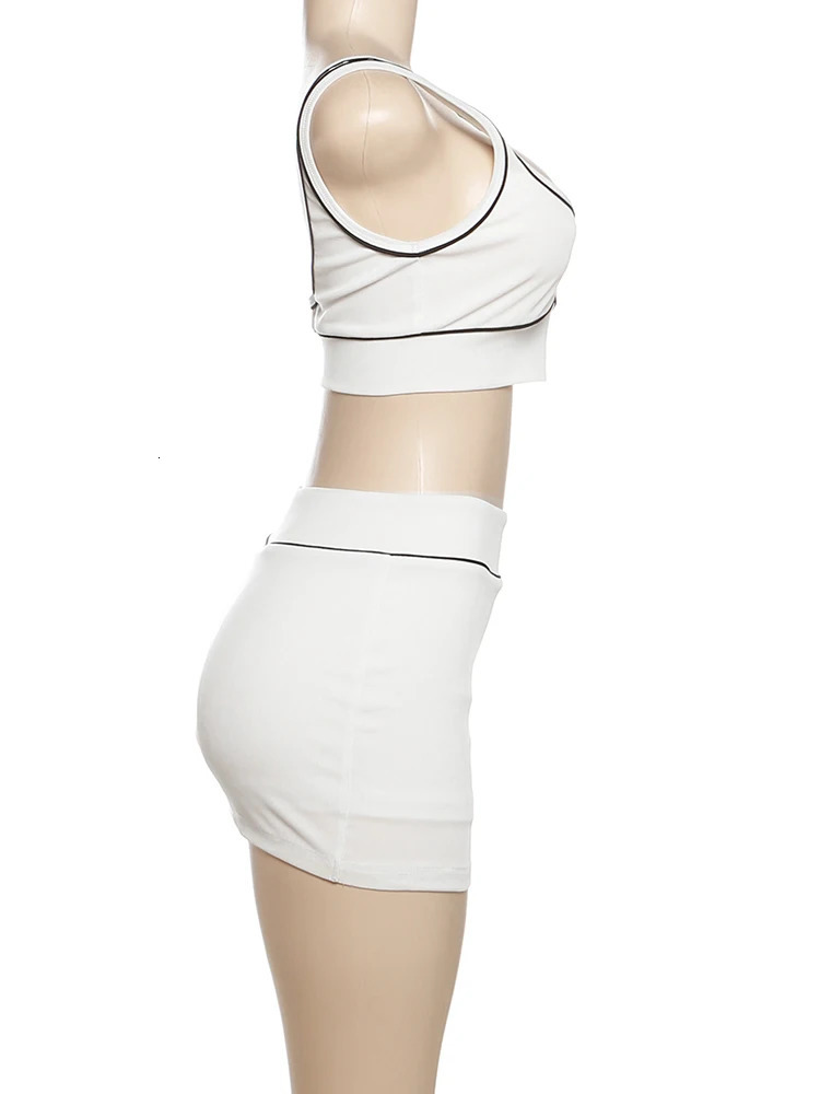 Nibber Skinny Ribbed 2 Piece Set Women Black String Backless Tank TopsSide Split Shorts Skirt Summer Trend Matching Suits 250514