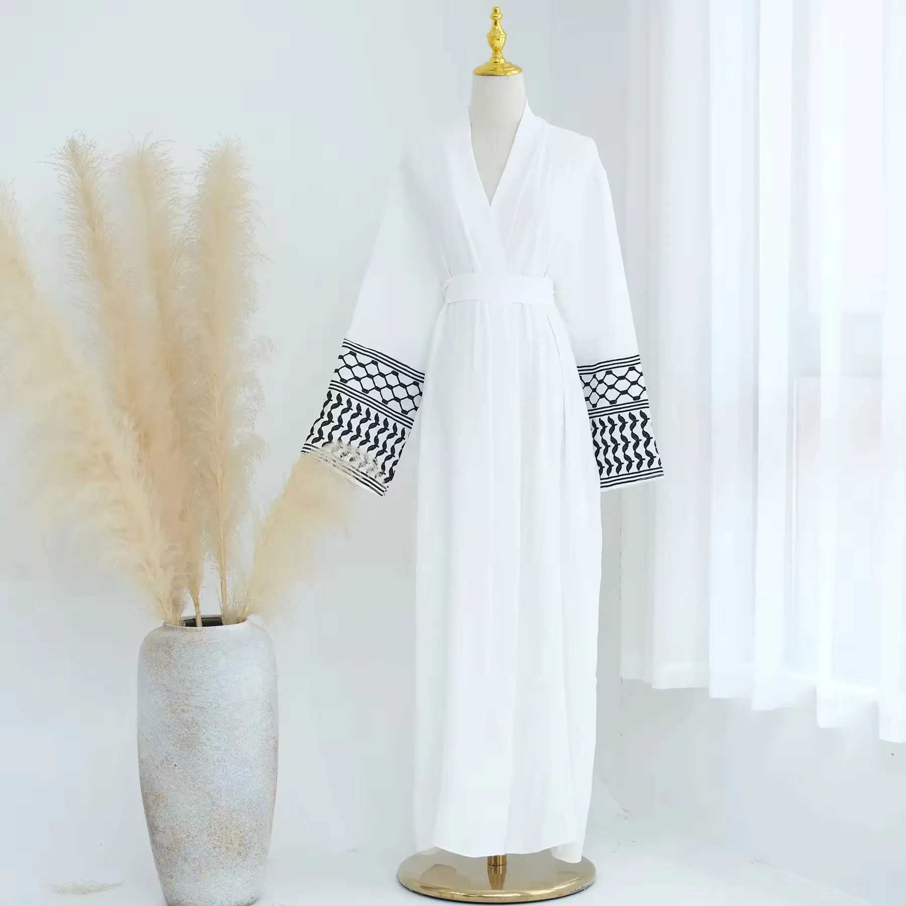 Fashion Embroidery Kimono Oversized Muslim Robe Abaya Syari Female Full Length Belted Muslim Abaya Open Front Abayas Robe Kaftan X250514