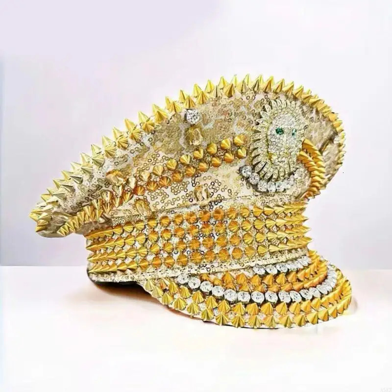 Gold Lion Sequined Rivet Studded Hat Headwear For Fashion Women Night Event Theme Party Accessories Marine Hat Headpiece 250513
