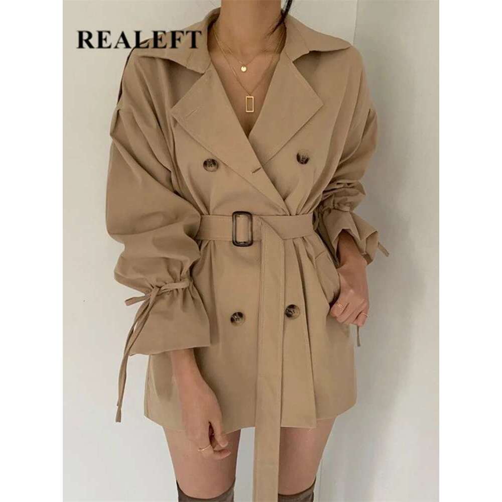 REALEFT New Autumn Winter Khaki Minimalist Women's Coat Sashes Windbreaker Loose Flare Sleeve Double Breasted Trench