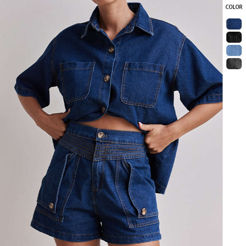 2025 Summer Womens Casual Loose Shirt Shorts Set Denim Women Long Washable High Elasticity Non-ironing New Pattern Versatile New Arrival New Product